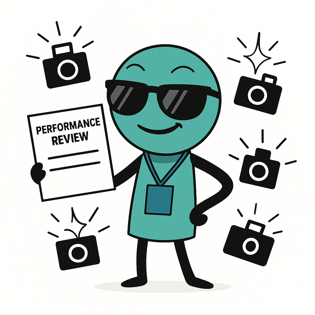 Performance Review Character - Friendly teal character holding performance review document with cameras